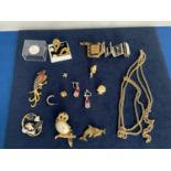 MIXED LOT OF COSTUME JEWELLERY TO INCLUDE ART DECO PASTE SET EARRINGS, ENAMELLED BROOCHES, FAUX