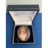 EARLY 20TH CENTURY HAND PAINTED PORTRAIT ON PORCELAIN OF A BLONDE FEMALE IN PERIOD DRESS SIGNED