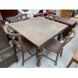 AN OAK DRAW LEAF DINING TABLE AND FOUR DINING CHAIRS