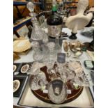 EIGHT WATERFORD CRYSTAL GLASSES, FIVE DECANTERS, A TRAY AND A COGNAC ICE BUCKET