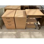 TWO BEECH EFFECT FILING CABINETS AND A DESK