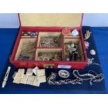 RED JEWELLERY BOX CONTAINING VINTAGE COSTUME JEWELLERY, CARVED BONE BRACELET AND STAG BROOCH, GOLD