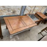 A MEXICAN PINE AND PAINTED COFFEE TABLE, A MAHOGANY COFFEE TABLE AND A SQUARE MEXICAN PINE COFFEE