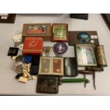 A LARGE COLLECTION OF ITEMS TO INCLUDE PLAYING CARDS, SCOUT BADGES, CUFFLINKS, PIGYBAK PUZZLE,