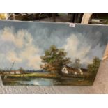 AN OIL ON CANVAS OF A COUNTRY COTTAGES BY A LAKE SIGNED H KNAUF WITH CERTIFICATE OF GUARANTEE