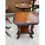 A SMALL OAK SIDE TABLE AND A LEATHER TOPPED MAHOGANY WINE TABLE