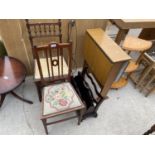 TWO MAHOGANY BEDROOM CHAIRS, A MAHOGANY MAGAZINE RACK, A FORMICA DROP LEAF DINING TABLE AND A PINE