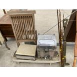 VARIOUS ITEMS - A TEAK FOLDING GARDEN CHAIR, VINTAGE WATER HEATER, GRINDIG TAPE TO TAPE AND A