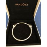 SILVER PANDORA BRACELET WITH HEART CHARM TOTAL GROSS WEIGHT APPROX 16 GRAMS, BOXED