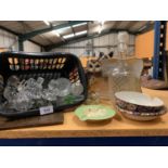 VARIOUS CERAMIC AND GLASS ITEMS TO INCLUDE A LARGE QUANTITY OF GLASS STOPPERS, AN OWL, DECANTER ETC