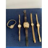GENTS 1960S TIMEX MANUAL WRISTWATCH TOGETHER WITH 4 LADIES GOLD PLATED WATCHES TO INCLUDE LIMIT