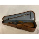 A CASED VIOLIN WITH BOW NO STRINGS