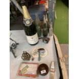 VARIOUS VINTAGE ITEMS TO INCLUDE BOTTLES, BRASS, TAPE MEASURE ETC