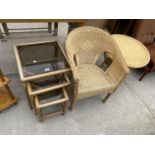 THREE WICKER CONSERVATORY ITEMS - A NEST OF TABLES, ARMCHAIR AND A SIDE TABLE