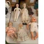 SIX VINTAGE DOLLS TO INCLUDE THREE WITH PORCELAIN FACES