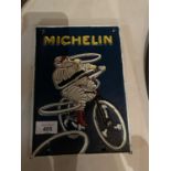 VINTAGE STYLE REPRODUCTION METAL MICHELIN MAN ON BIKE TYRES CAST SIGN 17.5X25CM