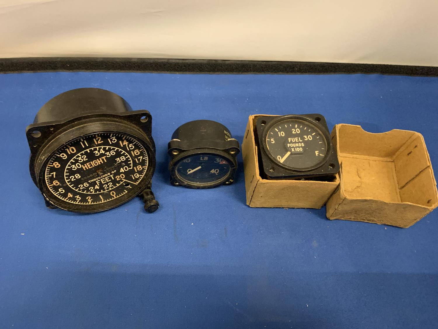 THREE AERONAUTICAL GAUGES - SS & CO LTD LONDON BAKELITE COCKPIT GAUGE,(BOXED) A SMITHS FUEL GAUGE