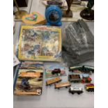 LARGE QUANTITY OF THOMAS THE TANK ENGINE ITEMS TO INCLUDE TRACK, JIGSAWS, BOOK, TRAINS ETC