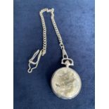 STAINLESS STEEL MODERN POCKET WATCH AND CHAIN WITH SPITFIRE DECORATION