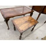 A MAHOGANY COFFEE TABLE AND A SMALL INLAID MAHOGANY OCCASIONAL TABLE (REQUIRE LEG RE-AFFIXING)