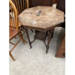 AN OCTAGONAL MAHOGANY SIDE TABLE WITH GALLERIED LOWER SHELF (REQUIRE MINOR REPAIR TO SHELF)