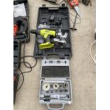 A RYOBI 18 VOLT RECHARGEABLE DRILL AND HOLE CUTTER SET