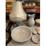 A GLASS BASED TABLE LAMP AND A VICTORIANBOWL AND JUG SET