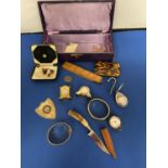 VINTAGE LEATHER CASE WITH TRINKETS TO INCLUDE 2 ROLLED GOLD HINGED BANGLES, GENTS BOXED SHIRT STUDS,