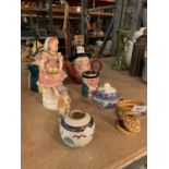 EIGHT PIECES OF POTTERY TO INCLUDE TONY WOOD TEAPOTS, STAFFORDSHIRE ETC