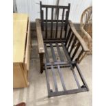 A VINTAGE OAK RECLINER CHAIR FRAME WITH BARLEY TWIST SUPPORTS