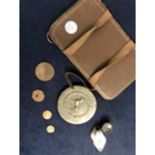 COLLECTORS LOT TO INCLUDE TRENCH ART/TRAVELLING MIRROR,JEWELLERS LOUPE, LEATHER WALLET, OLD COINS