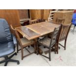 AN OAK DRAW LEAF DINING TABLE WITH FOUR OAK DINING CHAIRS AND A FURTHER OAK CHAIR