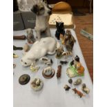 A LARGE COLLECTION OF ANIMAL THEMED ORNAMENTS TO INCLUDE A LARGE JACK RUSSEL, CATS, BORDER FINE