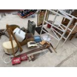 VARIOUS HARDWARE - ENAMEL BREAD BIN, CLOTHES MAIDEN, ARTIST'S EASEL, OXO TINS, TWO HEATERS, SHOE