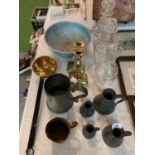 VARIOUS PEWTER TANKARDS, BRASS CANDLESTICKS THREE GLASS DECANTERS ETC