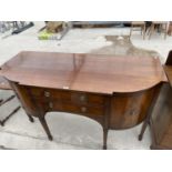 A BOW FRONT MAHOGANY SIDEBOARD WITH TWO DOORS AND TWO DRAWERS