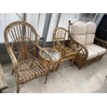 FOUR WICKER CONSERVATORY ITEMS - TWO ARMCHAIRS, A TABLE AND A TWO SEATER SOFA