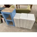 THREE MINIATURE METAL FILING CABINETS AND A WOODEN SHELF UNIT