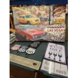 A COLLECTION OF SIGNS TO AND CANVASES TO INCLUDE ROUTE 66, HOME SWEET HOME AND WINE RELATED ITEMS