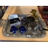 ORNATE EPNS TRAY WITH PEWTER TANKARD, COINS, SALT SHAKER ETC