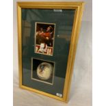 A FRAMED DAVID BECKHAM PICTURE TOGETHER WITH A SIGNED MINI FOOTBALL WITH A CERTIFICATE OF
