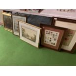 FIVE FRAMED PICTURES TO INCLUDED TWO LANDSCAPE SCENES, TEAPOT AND FLOWERS