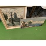 TWO OIL PAINTINGS TO INCLUDE A FRAMED CHURCH AND A MEDITERANEAN SCENE