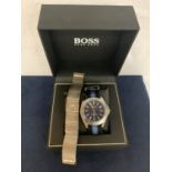 GENTS HUGO BOSS STAINLESS STEEL QUARTZ WRIST WATCH WITH BLUE DIAL. STAINLESS STEEL & NYLON