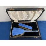 ART DECO BIRMINGHAM SILVER BLUE ENAMELLED ENGINE TURNED BRUSH SET AND COMB, BOXED