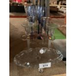 VARIOUS GLASSES WITH COLOURED STEMS, GLASS CANDLESTICKS ETC