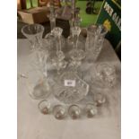 VARIOUS GLASSWARE TO INCLUDE VASES, DECANTERS AND CANDLESTICKS