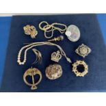 SIMILAR LOT OF COSTUME JEWELLERY TO INCLUDE EMBROIDERED FLORAL BROOCH, PASTE SET BROOCHES, HAT PIN