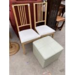 TWO BEECH EFFECT CHAIRS AND A FOOTTOOL