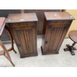 TWO SMALL PRIORY STYLE OAK CABINETS WITH LINEN FOLD DOORS